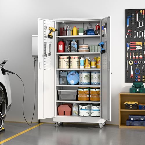 Garage Storage Cabinet with Wheels, 72" H, 2 Doors, 4 Adjustable Shelves, Black R4307
