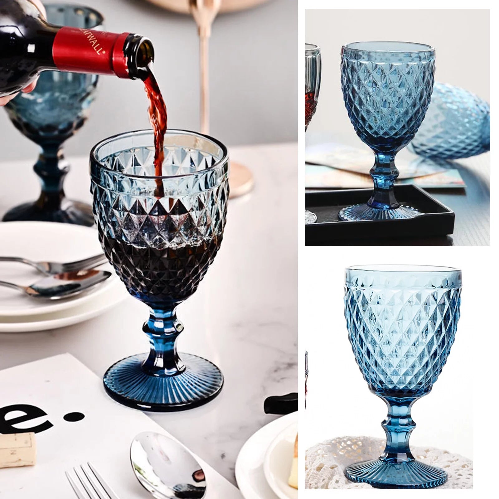 Embossed Retro Glass Goblet 8 oz for Wine and Beverage, Set of 6 J55086