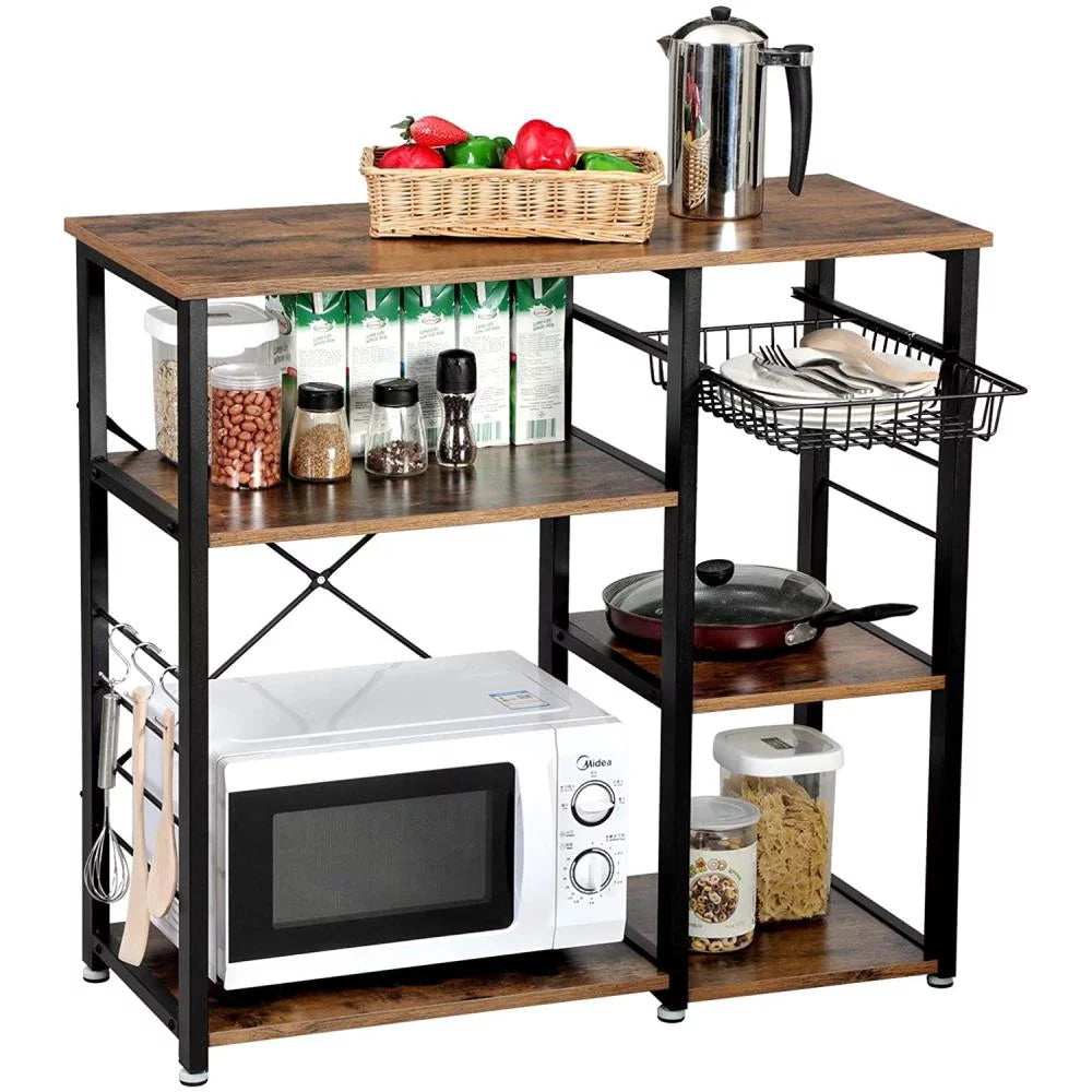 Vintage Kitchen Baker's Rack Microwave Stand Coffee Bar Table with Storage Shelf, Basket and Hooks, Rustic Brown A756397