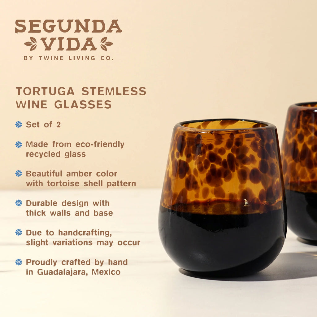 Tortoise Shell Stemless Wine Glasses, Recycled Glass, 13oz, Set of 2 E621733
