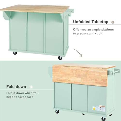 Large Kitchen Island with Drop Leaf, Rolling Cart, Power Outlet and Storage A3211