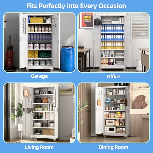 Garage Storage Cabinet with Wheels, 72" H, 2 Doors, 4 Adjustable Shelves, Black R4307