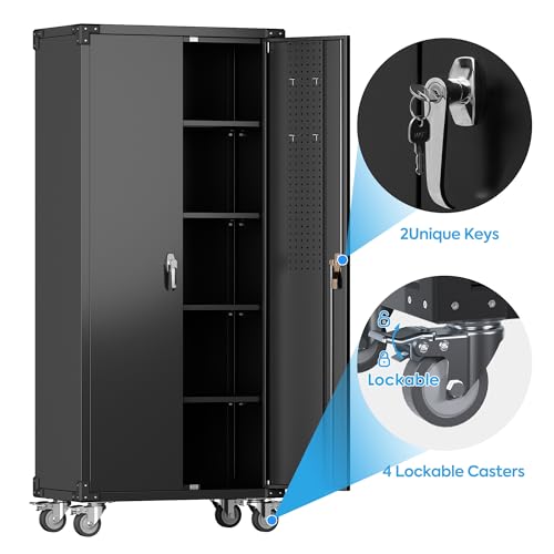 Metal Storage Cabinet with Wheels, 73" H, Locking Doors and Adjustable Shelves A1751