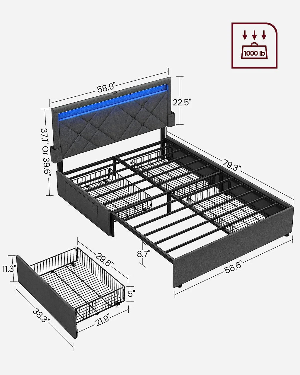 Full Size LED Bed Frame with Headboard and 4 Drawers Storage, Gray H975913