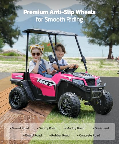 24V Ride on Car 2 Seater with Sun Shade, Dump Bed, 4WD, Pink S782676