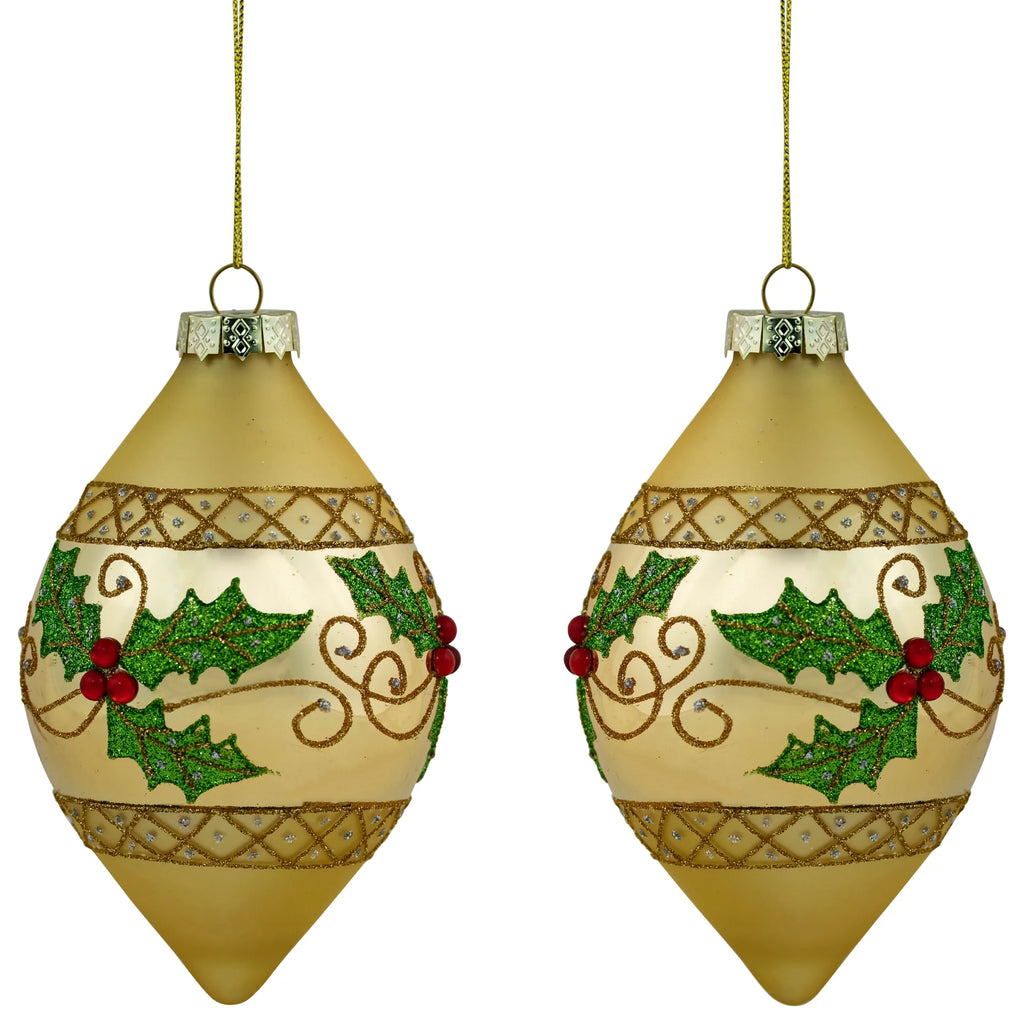 Set of 2 Golden Glitter Holly Finial Christmas Glass Ornaments 5"