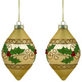 Set of 2 Golden Glitter Holly Finial Christmas Glass Ornaments 5"