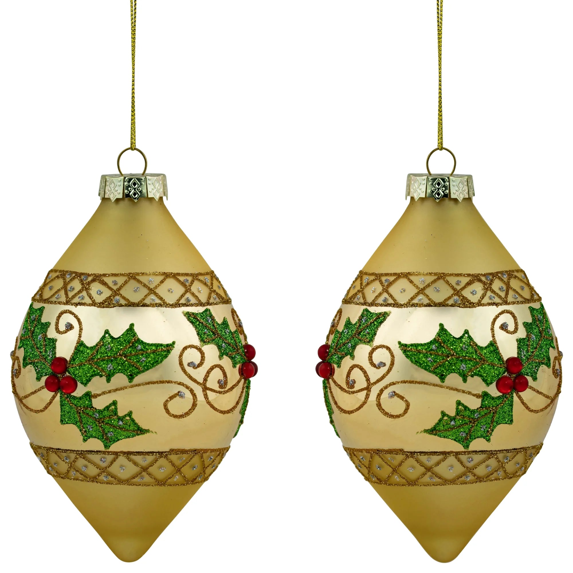 Set of 2 Golden Glitter Holly Finial Christmas Glass Ornaments 5"