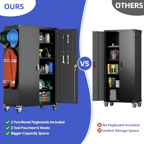 Metal Storage Cabinet with Wheels, 73" H, Locking Doors and Adjustable Shelves A1751