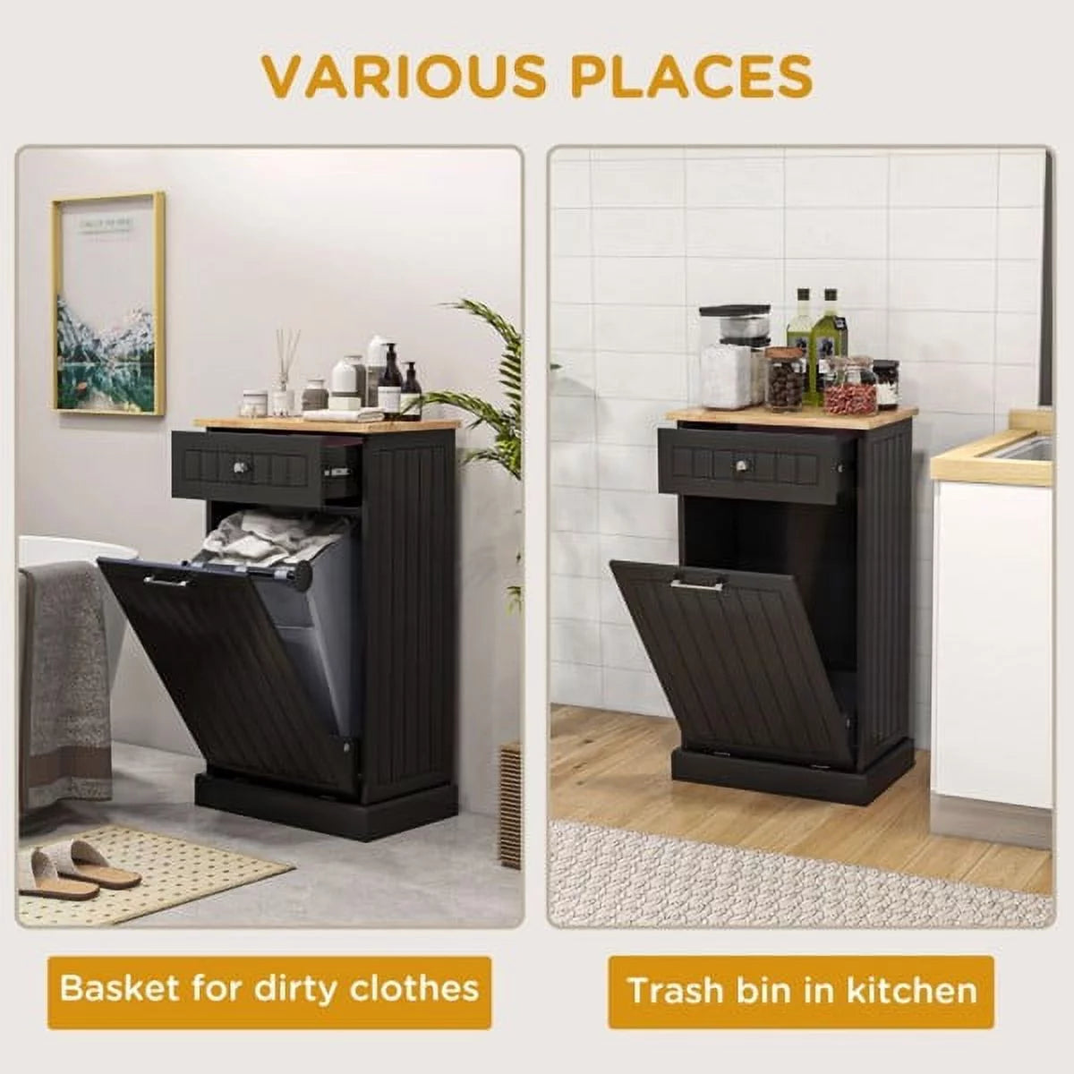Tilt Out Trash Bin Cabinet with Drawer, Freestanding Laundry Sorter X246
