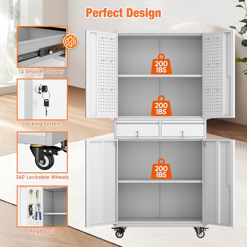 Metal Storage Cabinet with Wheels, 73" H, Locking Doors and Adjustable Shelves A1751
