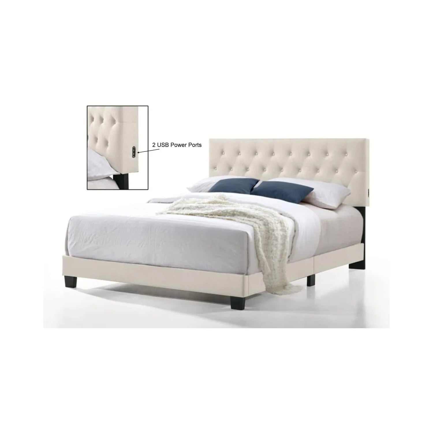 Linen Bed with USB Power Connection, Beige - Twin Size M2522