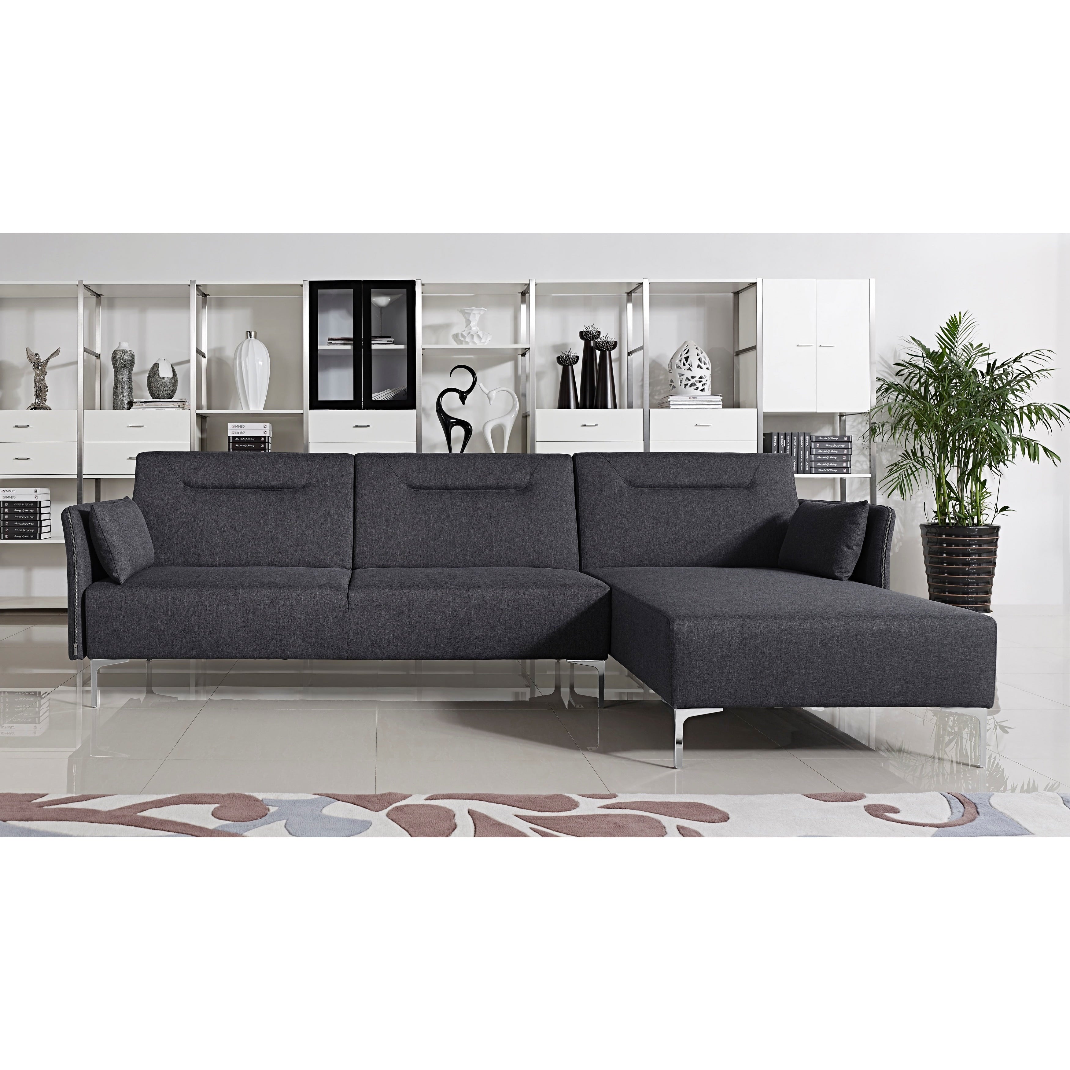 Contemporary Fabric Upholstered Right Facing 2-Piece Sleeper Sectional Sofa, Black O2338