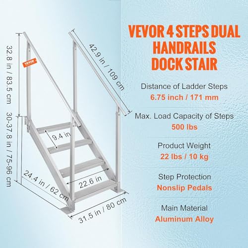 Dock Stairs Ladder 4 Step, Aluminum Adjustable Height, Non-Slip Pedals C142230