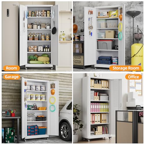 Metal Storage Cabinet with Wheels, 73" H, Locking Doors and Adjustable Shelves A1751