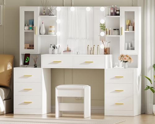 59.1" Vanity Desk with Mirror and Lights, 8 Drawers, 3 Lighting Modes N498542