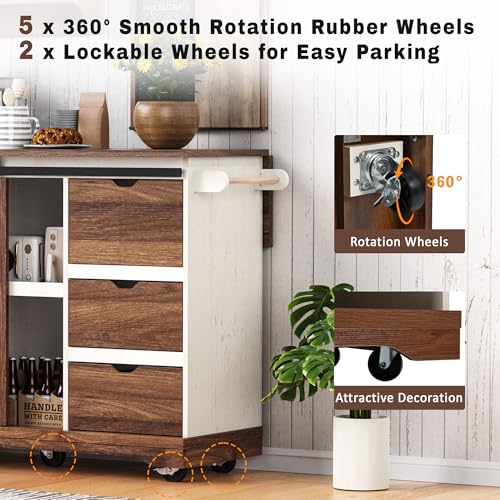 Farmhouse Kitchen Island with Drop Leaf, Barn Door and Power Outlet C3058