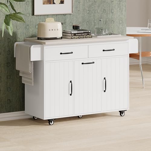 Farmhouse Kitchen Island with Drop Leaf, Barn Door and Power Outlet C3058