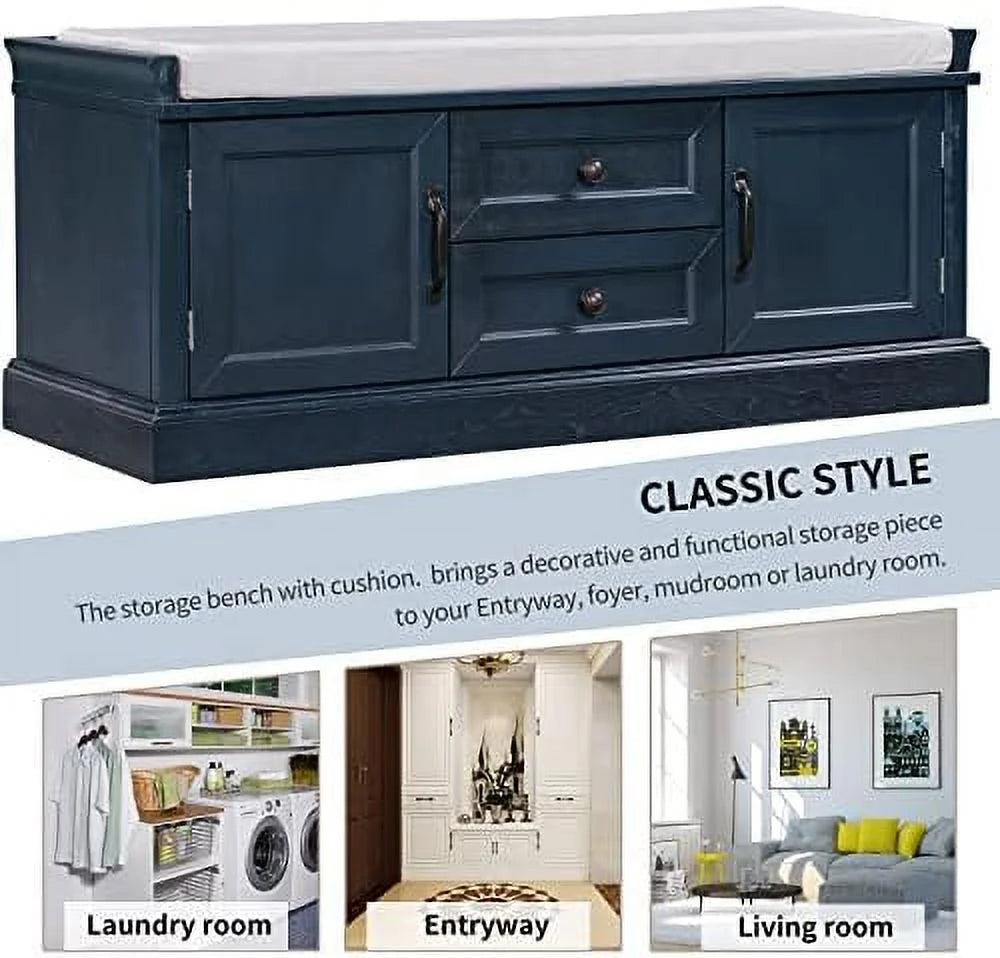Solid Wood Shoe Bench with 3 Doors and Removable Cushion P521