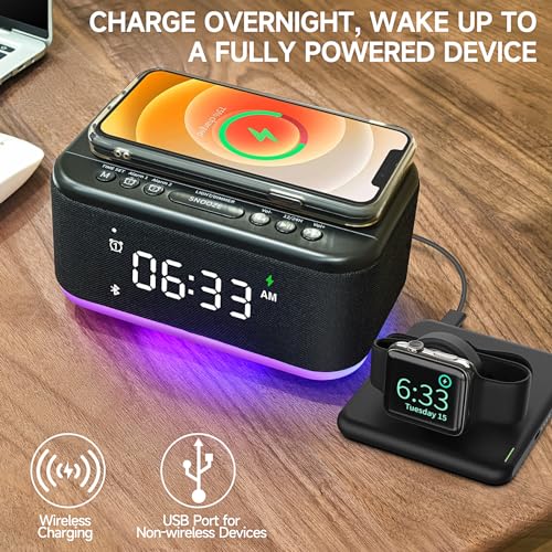 Wireless Charging Alarm Clock Speaker with Bluetooth, Dimmable Night Light K3994