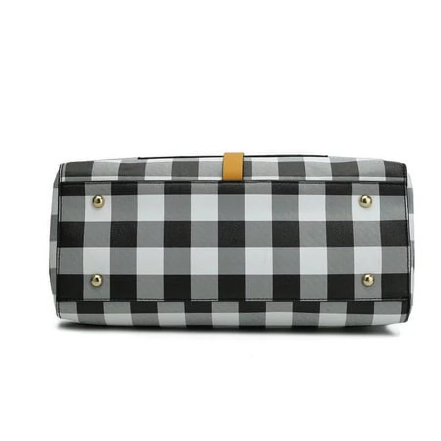 Checkered Vegan Leather Satchel Bag with Wallet 2 Piece Set E6856