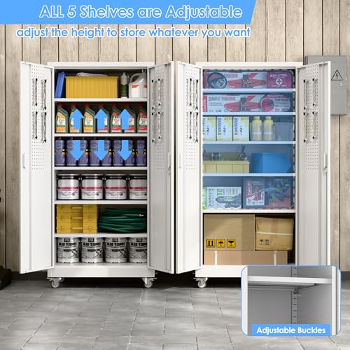 Garage Storage Cabinet with Wheels, 72" H, 2 Doors, 4 Adjustable Shelves, Black R4307