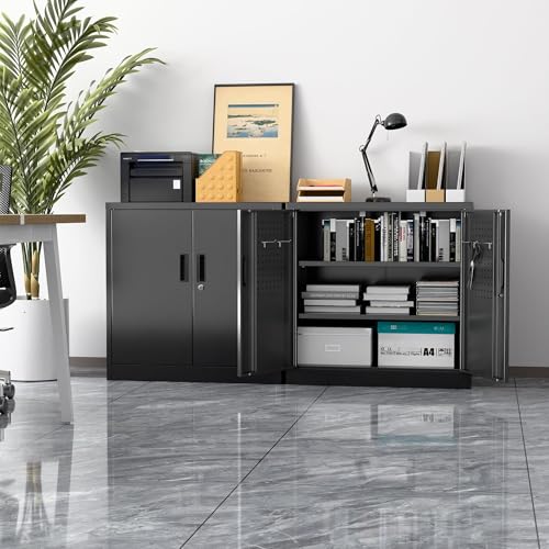 Garage Storage Cabinet with Wheels, 72" H, 2 Doors, 4 Adjustable Shelves, Black R4307