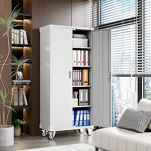 Garage Storage Cabinet with Wheels, 72" H, 2 Doors, 4 Adjustable Shelves, Black R4307