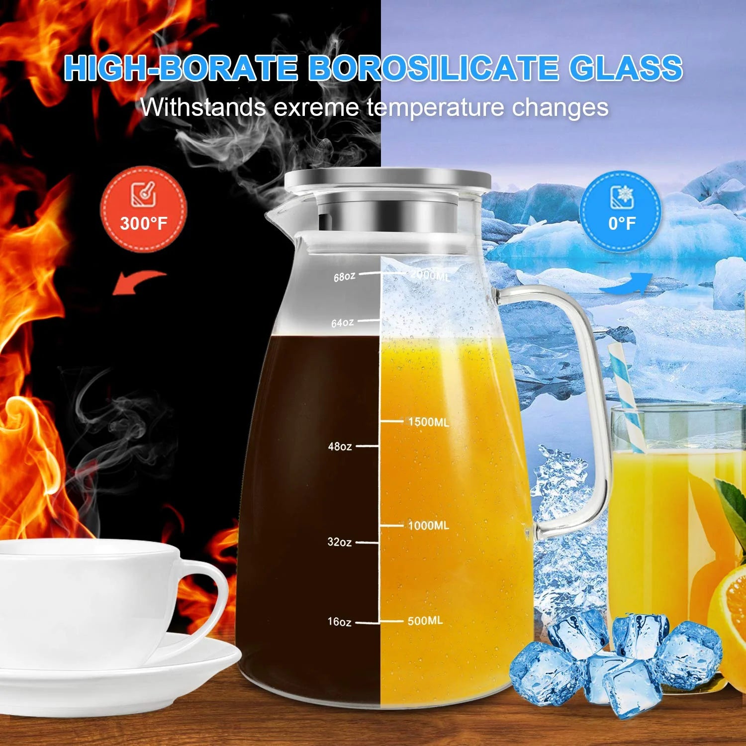 Glass Pitcher with Lid, 68oz Stainless Steel Iced Tea Pitcher G596565