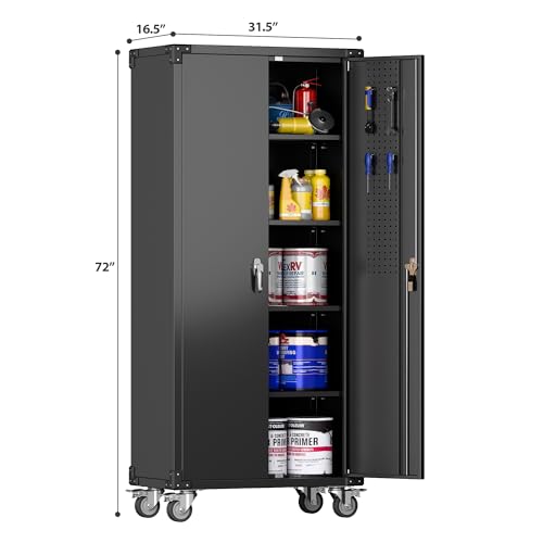 Metal Storage Cabinet with Wheels, 73" H, Locking Doors and Adjustable Shelves A1751