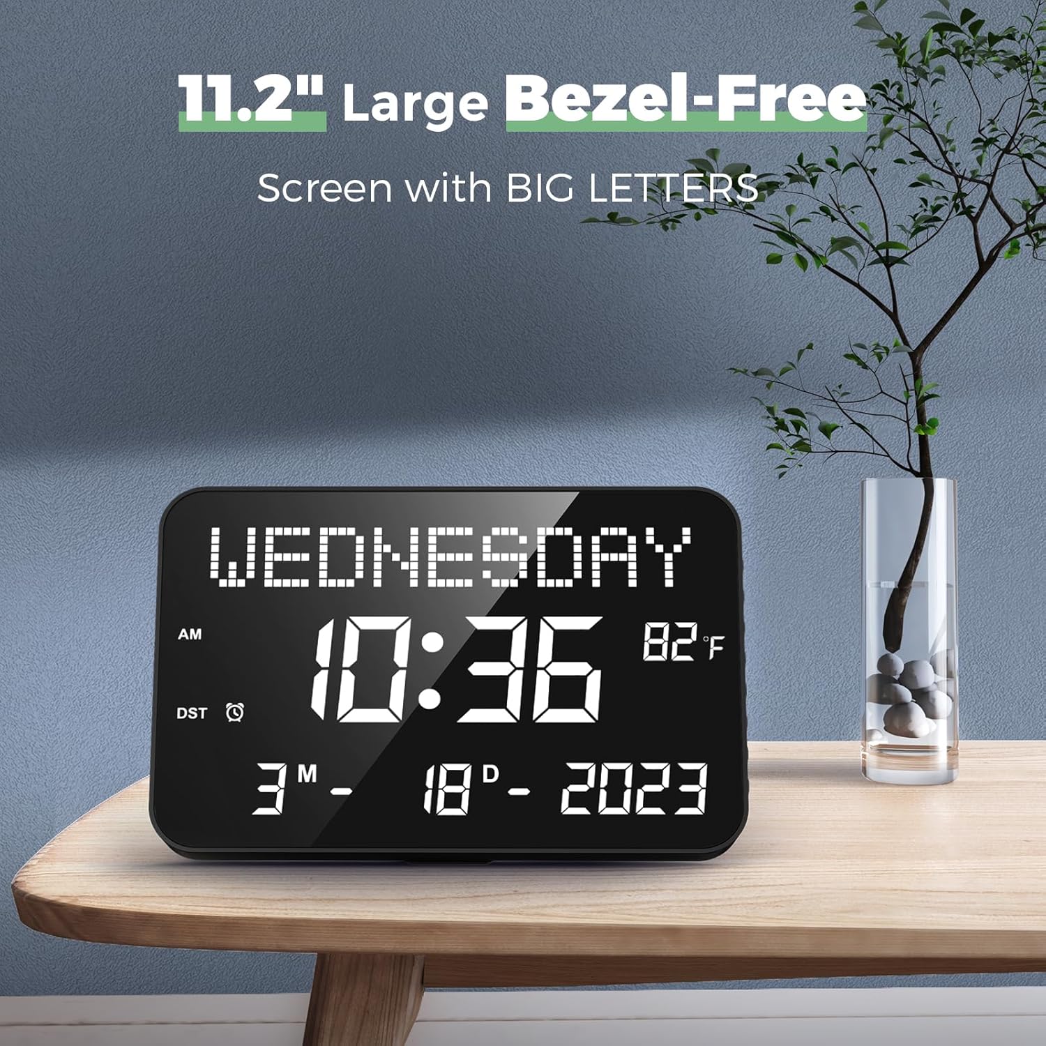 11.2" Digital Calendar Clock with Day and Date, Remote Control, 4 Alarms, Adjustable Dimmer Z657
