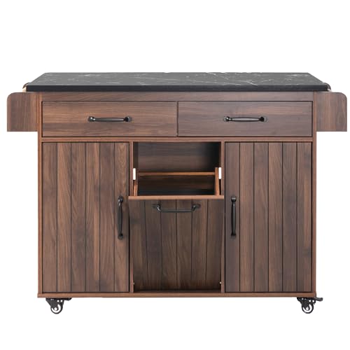 Farmhouse Kitchen Island with Drop Leaf, Barn Door and Power Outlet C3058