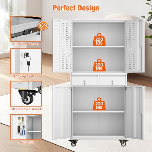 Metal Storage Cabinet with Wheels, 73" H, Locking Doors and Adjustable Shelves A1751