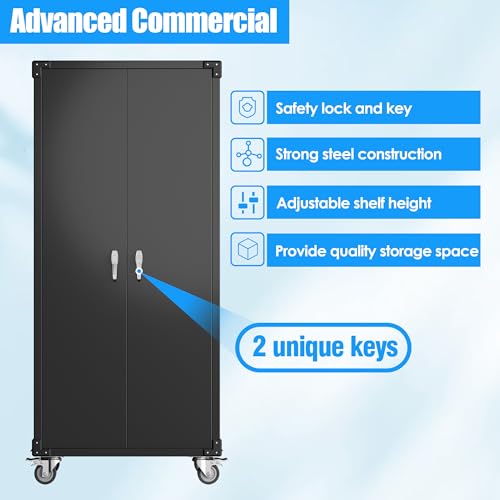 Metal Storage Cabinet with Wheels, 73" H, Locking Doors and Adjustable Shelves A1751