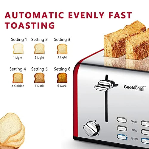 4 Slice Extra Wide Slots Toaster, Stainless Steel, Red L32080