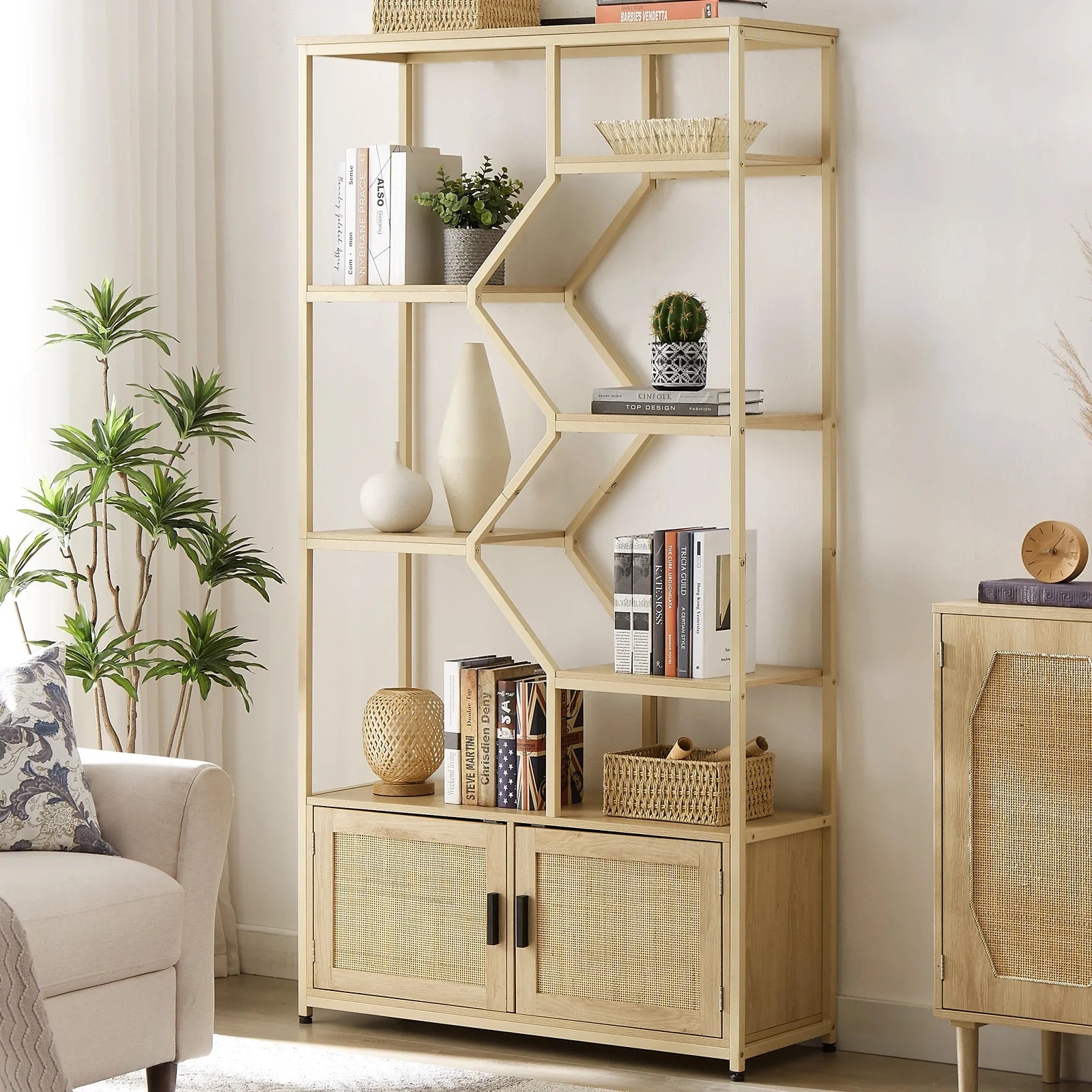 Rattan Bookshelf 7 Tiers with Storage Cabinet and Doors N66680