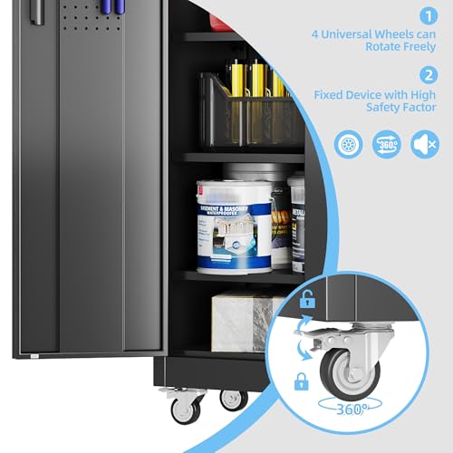 Garage Storage Cabinet with Wheels, 72" H, 2 Doors, 4 Adjustable Shelves, Black R4307