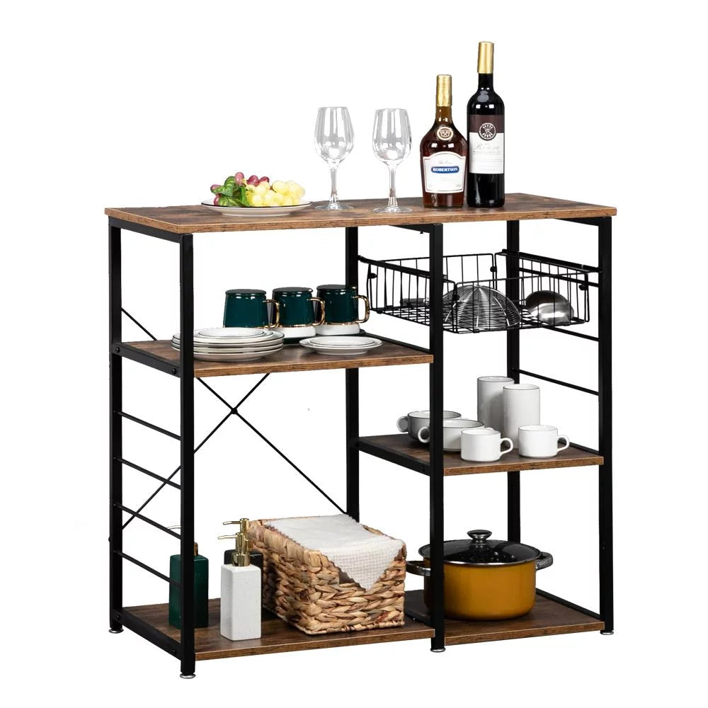 Ktaxon Vintage Kitchen Baker's Rack Microwave Oven Stand Coffee Bar Table, Kitchen Storage Shelf with Basket & Hooks, Rustic Brown