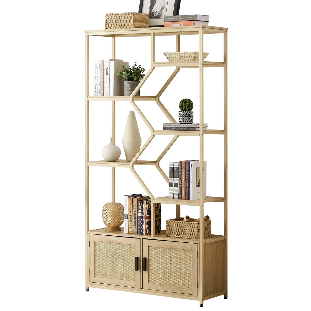 Rattan Bookshelf 7 Tiers with Storage Cabinet and Doors N66680