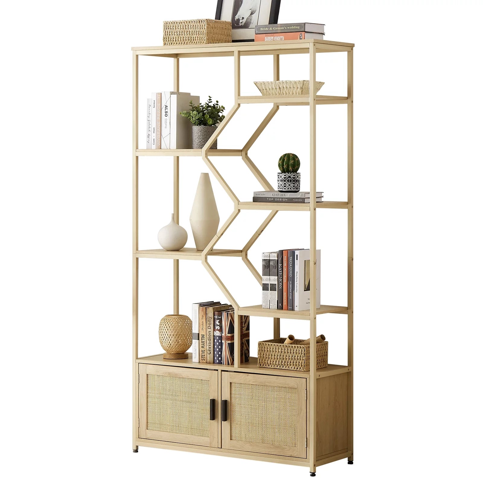 Rattan Bookshelf 7 Tiers with Storage Cabinet and Doors N66680