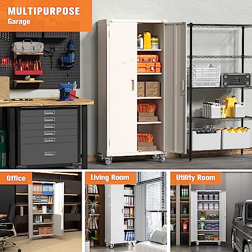 Garage Storage Cabinet with Wheels, 72" H, 2 Doors, 4 Adjustable Shelves, Black R4307