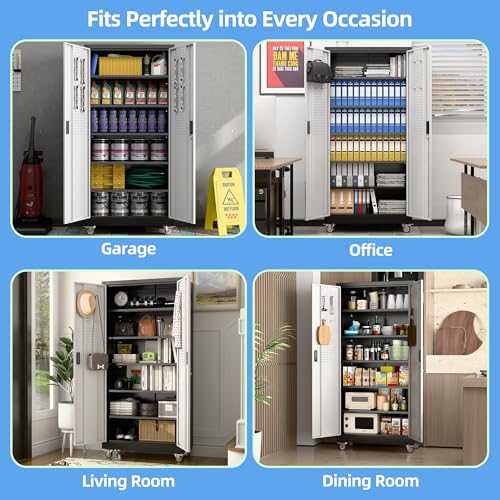 Garage Storage Cabinet with Wheels, 72" H, 2 Doors, 4 Adjustable Shelves, Black R4307
