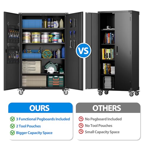 Garage Storage Cabinet with Wheels, 72" H, 2 Doors, 4 Adjustable Shelves, Black R4307