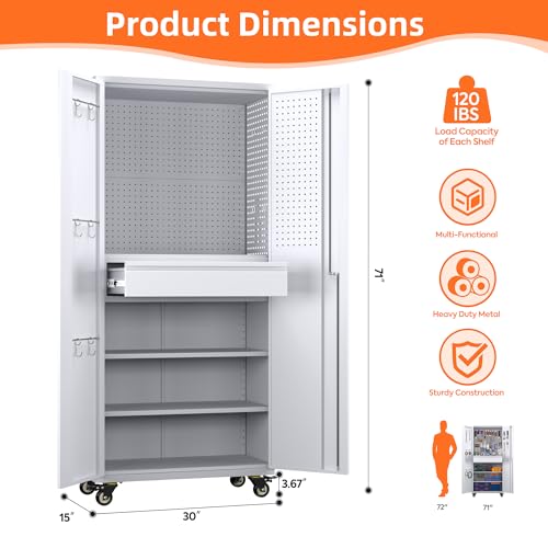 Metal Storage Cabinet with Wheels, 73" H, Locking Doors and Adjustable Shelves A1751