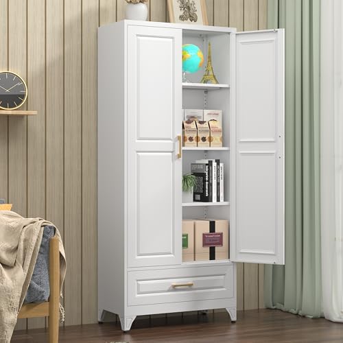 Tall Kitchen Storage Cabinet with Doors and Adjustable Shelves, Black Freestanding Cupboard J20442