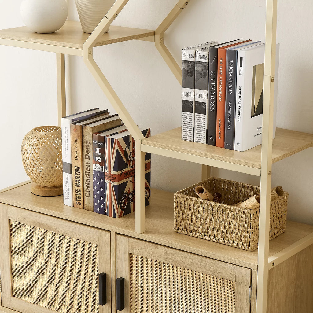 Rattan Bookshelf 7 Tiers with Storage Cabinet and Doors N66680