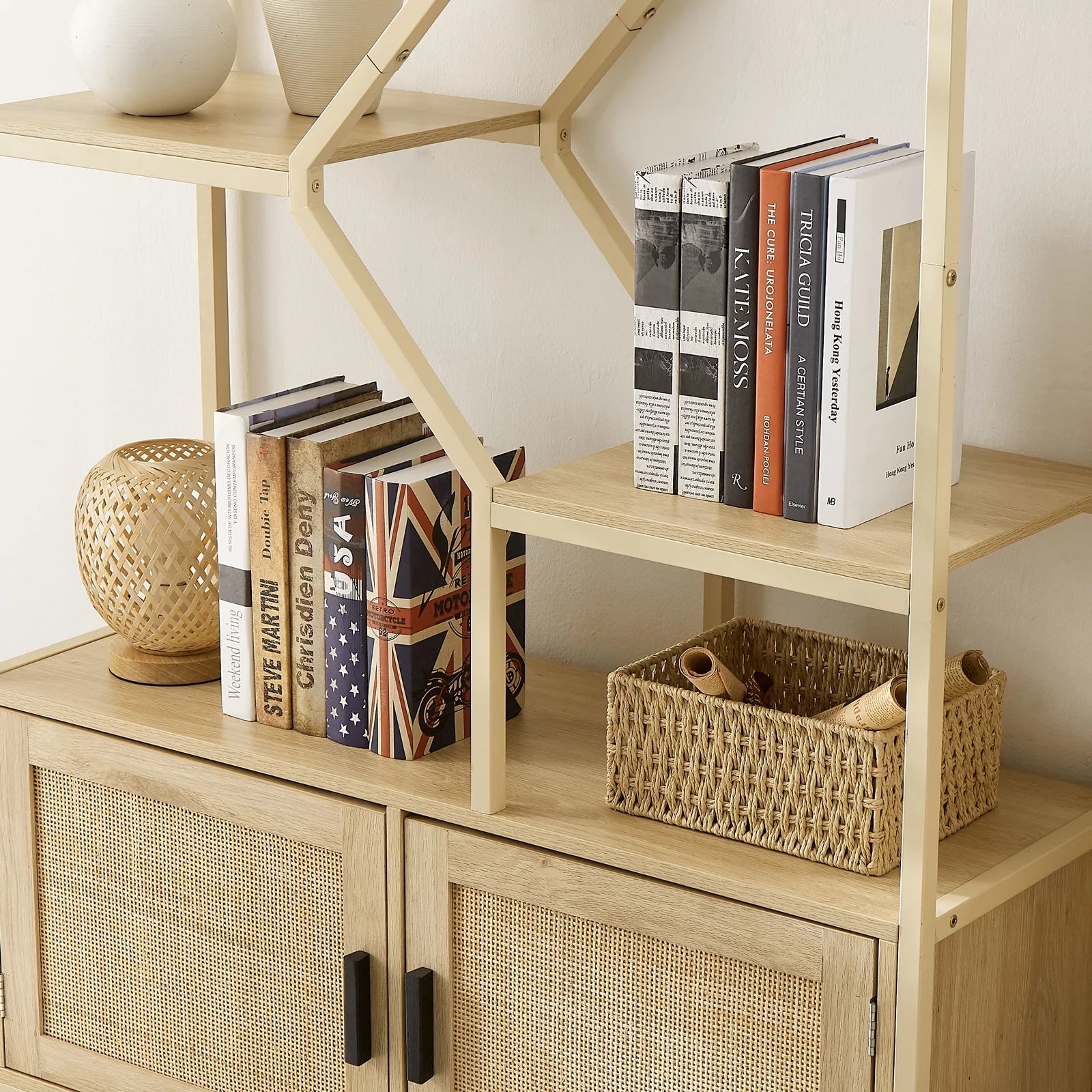 Rattan Bookshelf 7 Tiers with Storage Cabinet and Doors N66680