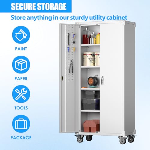 Metal Storage Cabinet with Wheels, 73" H, Locking Doors and Adjustable Shelves A1751