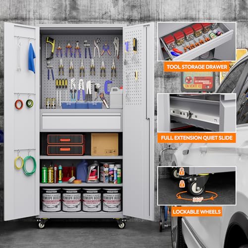Metal Storage Cabinet with Wheels, 73" H, Locking Doors and Adjustable Shelves A1751