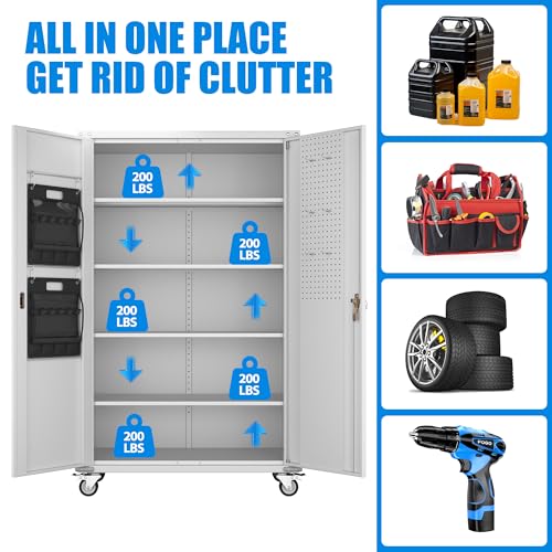 Garage Storage Cabinet with Wheels, 72" H, 2 Doors, 4 Adjustable Shelves, Black R4307